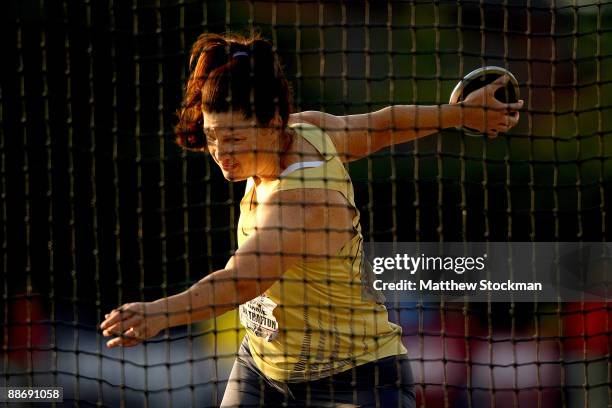 Stephanie Brown Trafton throws in the discus final during the USA Outdoor Track & Field Championships at Hayward Field on June 25, 2009 in Eugene,...