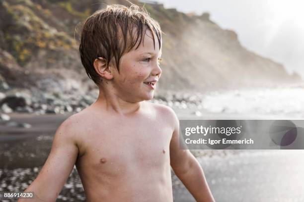 young boy on beach, smiling, santa cruz de tenerife, canary islands, spain, europe - igor emmerich stock pictures, royalty-free photos & images