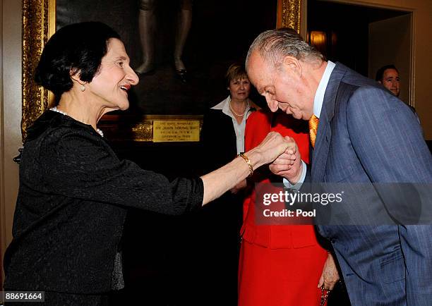 King Juan Carlos I of Spain is greeted by the Governor of the Australian state of New South Wales Professor Marie Bashir at Government House June 26,...