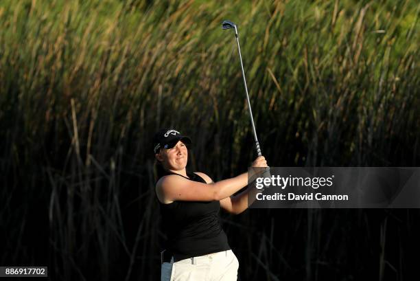 Gemma Dryburgh of England plays her second shot on the par 4, 9th hole during the first round of the 2017 Dubai Ladies Classic on the Majlis Course...