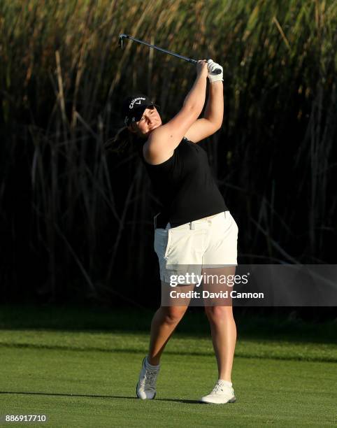 Gemma Dryburgh of England plays her second shot on the par 4, 9th hole during the first round of the 2017 Dubai Ladies Classic on the Majlis Course...