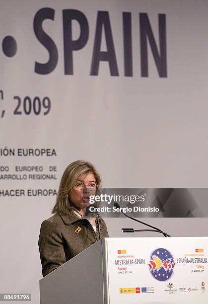 Spanish Parliamentary Secretary of State for Trade, Silvia Iranzo speaks at the Australia Spain Business Forum at the Shangri-La Hotel on June 26,...