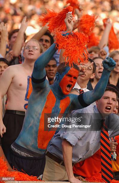 Painted fan of the University of Virginia Cavaliers cheers maniacally during the NCAA football game against the Virginia Tech Hokies on November 17,...