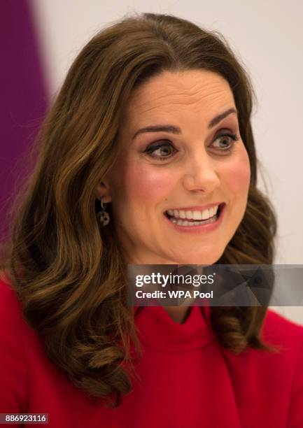Catherine, Duchess of Cambridge is seen as she meets school children during a 'Stepping Out' session at MediaCityUK on December 6, 2017 in Salford,...