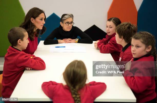 Catherine, Duchess of Cambridge speaks to school children during a 'Stepping Out' session at MediaCityUK on December 6, 2017 in Salford, England.