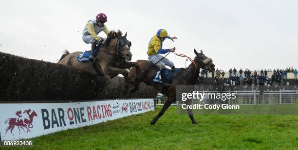 Fairyhouse , Ireland - 3 December 2017; Some Drama, with Robbie Colgan up, and He Rock's, with Denis O'Regan up, over the last in the Bar One Racing...