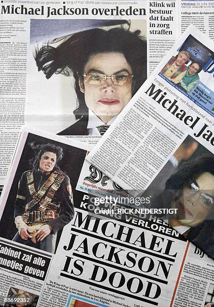 Dutch papers open with the death of US pop star Michael Jackson on June 26, 2009 in Baarn. Michael Jackson died on June 25, 2009 after suffering a...