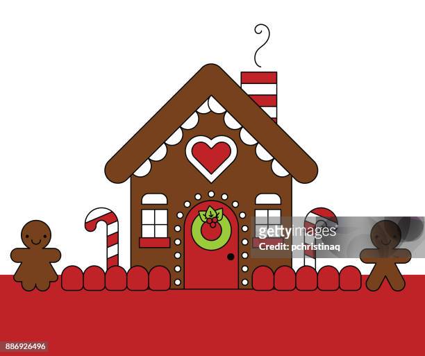 gingerbread house with gingerbread people - gingerbread house cartoon stock illustrations