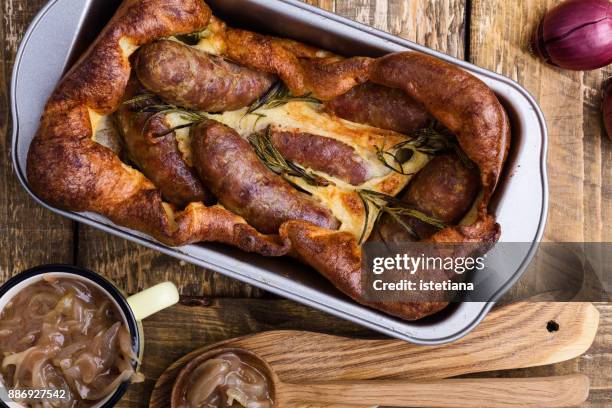 traditional british dishes, toad in the hole - toad stock pictures, royalty-free photos & images