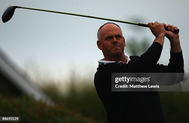 Karl Worby of Skidby Lakes tees off on the 1st hole during the Virgin Atlantic PGA National Pro-AM Championship Regional Qualifier at Fulford Golf...