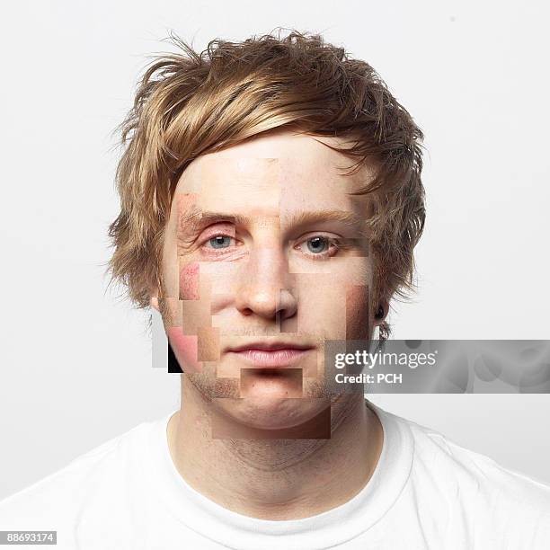 young man with different faces - pixelated face stock-fotos und bilder