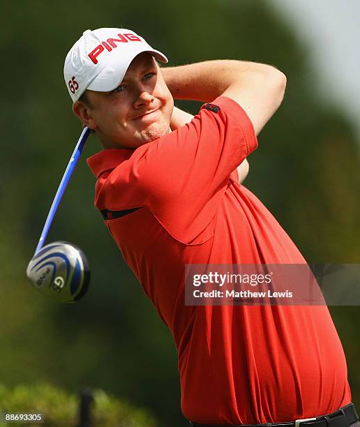 Peter Raine of Stressholme tees off on the 1st hole during the Virgin Atlantic PGA National Pro-AM Championship Regional Qualifier at Fulford Golf...