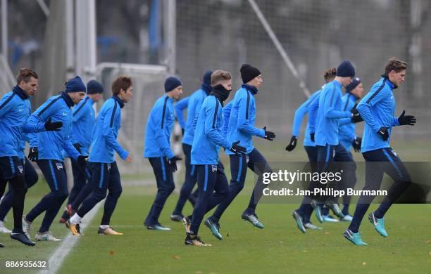 Peter Pekarik,Alexander Esswein, Genki Haraguchi, Maximilian Mittelstaedt, Julius Kade and Niklas Stark of Hertha BSC during a training session on...