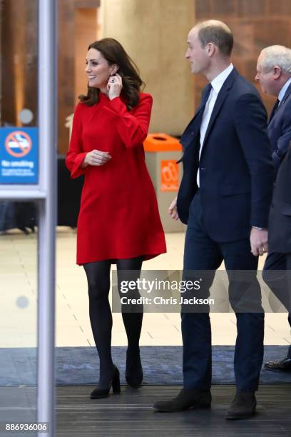 Prince William, Duke of Cambridge and Catherine, Duchess of Cambridge depart a 'Stepping Out' session at Media City on December 6, 2017 in...