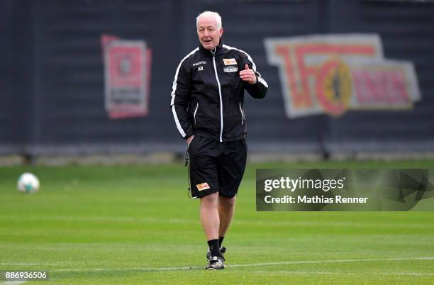 Trainer AndrÃ© Hofschneider of Union Berlin during the 1 FC Union Berlin training on December 6, 2017 in Berlin, Germany.