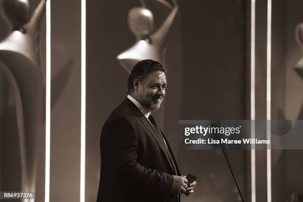 Russell Crowe presents the AACTA Award for Best Asian Film Presented By PR Asia during the 7th AACTA Awards Presented by Foxtel at The Star on...