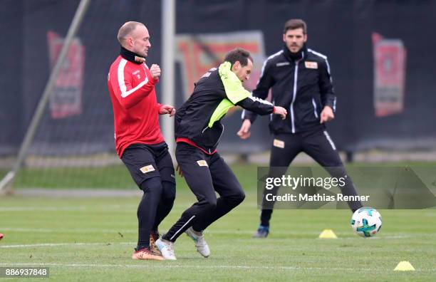 Toni Leistner and Stephan Fuerstner of 1 FC Union Berlin during the training session on December 6, 2017 in Berlin, Germany.