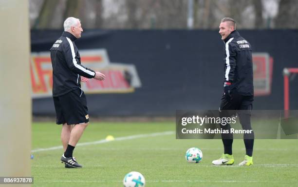 Coach Andre Hofschneider and Sebastian Polter of Union Berlin during the training session on December 6, 2017 in Berlin, Germany.