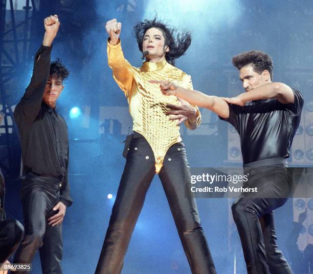 Michael Jackson performs on stage on the Dangerous World Tour at the Feijenoord Stadium on June 30th, 1992 in Rotterdam, Netherlands.