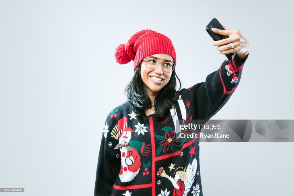 Christmas Sweater Woman Taking Selfie