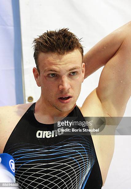Paul Biedermann of SV Halle is seen after the men's 50 m freestyle during the German Swimming Championship 2009 at the Eurosportpark on June 26, 2009...