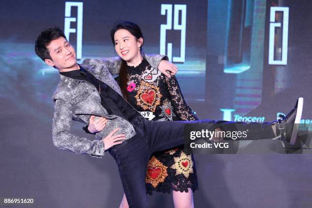 Actor Feng Shaofeng and actress Crystal Liu Yifei attend a press conference of director Xiao Yang's film 'Hanson and the Beast' on December 6, 2017...