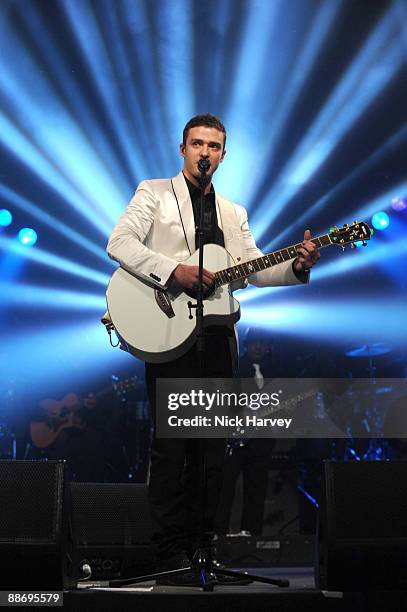 Justin Timberlake performs at The 11th Annual White Tie and Tiara Ball to Benefit the Elton John Aids Foundation in association with Chopard held at...