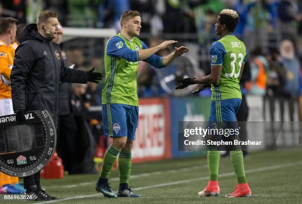 Jordan Morris of the Seattle Sounders substitutes in fro Joevin Jones of the Seattle Sounders during the second leg of the MLS Western Conference...
