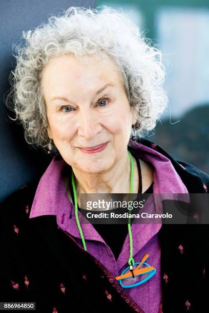 Canadian poet, novelist, literary critic, essayist, inventor, and environmental activist Margaret Atwood poses for portrait session at Noir In...