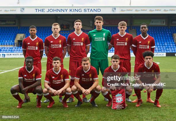 The Liverpool players pose before the UEFA Youth League group E match between Liverpool FC and Spartak Moskva at Prenton Park on December 6, 2017 in...