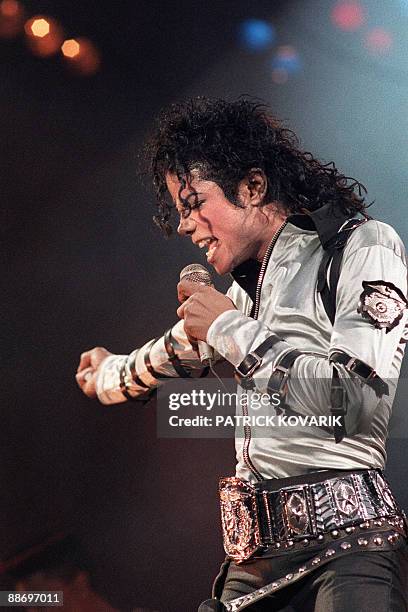 Pop star and entertainer Michael Jackson performs during a concert at the Parc des Prince stadium in Paris, France, on June 27, 1988. Michael Jackson...