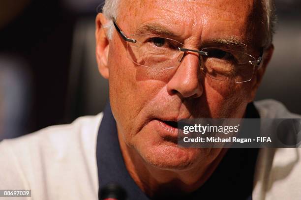 Franz Beckenbauer talks to the media during the FIFA/Adidas Press Conference at the Sandton Convention Centre on June 26, 2009 in Johannesburg, South...
