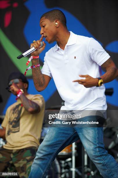 Pharrell Williams of N.E.R.D perform on stage on day 2 of Glastonbury Festival at Worthy Farm on June 26, 2009 in Glastonbury, England.