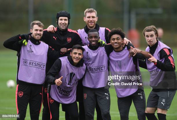 Aaron Ramsey, Petr Cech, Alexis Sanchez, Per Mertesacker, Eddie Nketiah, Reiss Nelson and Ben Sheaf of Arsenal during the Arsenal training session,...