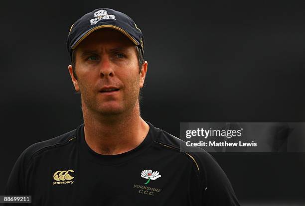 Michael Vaughan of Yorkshire looks on during the Twenty20 Cup match between Leicestershire and Yorkshire at Grace Road on June 26, 2009 in Leicester,...