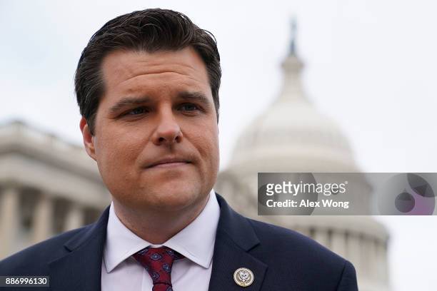 Rep. Matt Gaetz speaks to members of the media after a news conference in front of the Capitol December 6, 2017 in Washington, DC. Rep. Gaetz held a...