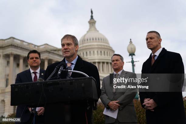 Rep. Jim Jordan speaks as U.S. Rep. Matt Gaetz , Rep. Jody Hice , and Rep. Scott Perry listen during a news conference in front of the Capitol...