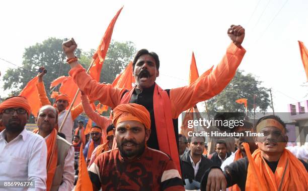 Group of youth taken out a motorcycle rally near Ram Janm Bhumi to mark 25th anniversary of Babri Masjid demolition, on December 6, 2017 in Ayodhya,...