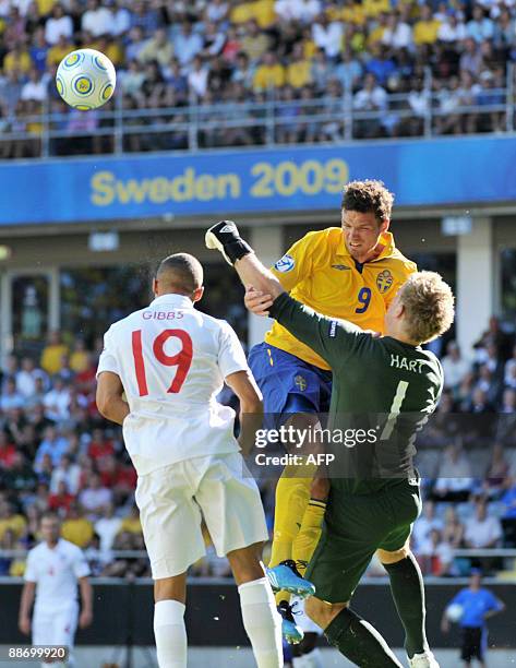 Sweden's Marcus Berg vies with England's Kieran Gibbs and goalie Joe Hart in the England vs Sweden semifinal match in the Euro U21 soccer...