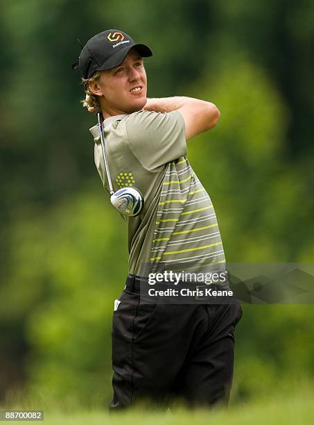 Jonas Blixt of Sweden watches his tee shot on the 12th hole during the second round of the Nationwide Tour Players Cup at Pete Dye Golf Club on June...