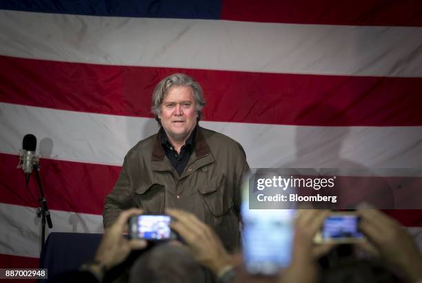 Steve Bannon, chairman of Breitbart News Network LLC, arrives to speak during a campaign rally for Roy Moore, Republican candidate for U.S. Senate...