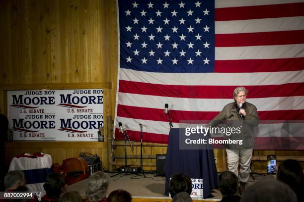 Steve Bannon, chairman of Breitbart News Network LLC, pauses while speaking during a campaign rally for Roy Moore, Republican candidate for U.S....