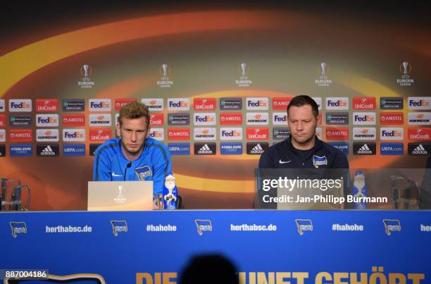 Fabian Lustenberger and coach Pal Dardai of Hertha BSC during the press conference on december 6, 2017 in Berlin, Germany.