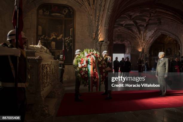 Italian President Sergio Mattarella pays homage to Luis Vaz de Camoes, Portugal's and the Portuguese language's greatest poet, before his tomb in...