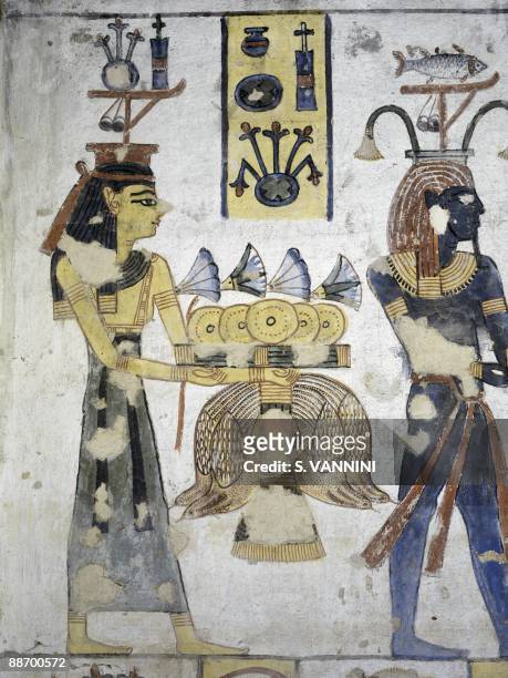 Egypt, Thebes - Luxor - Valley of the Kings. Tomb of Ramses III. Annexes to corridor. Mural paintings. Ritual offerings