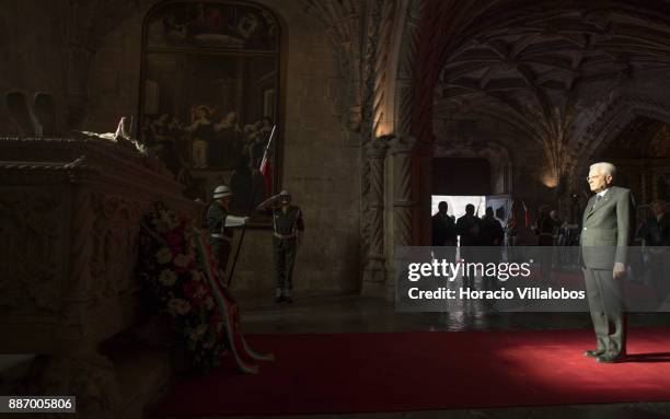 Italian President Sergio Mattarella pays homage to Luis Vaz de Camoes, Portugal's and the Portuguese language's greatest poet, before his tomb in...