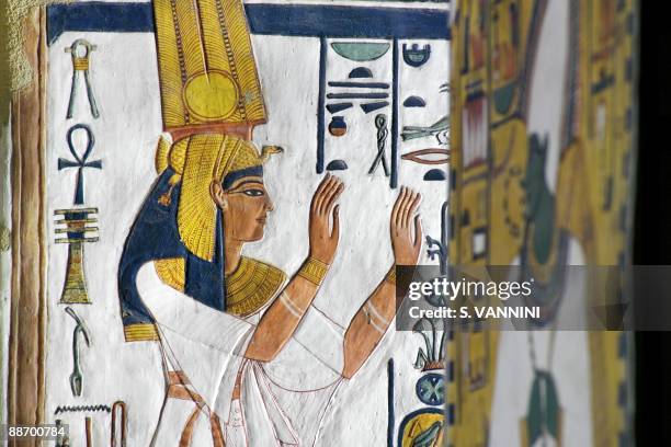 Egypt, Thebes - Luxor - Valley of the Queens. Tomb of Nefertari. Burial chamber. Mural paintings. Queen recites mortuary formula