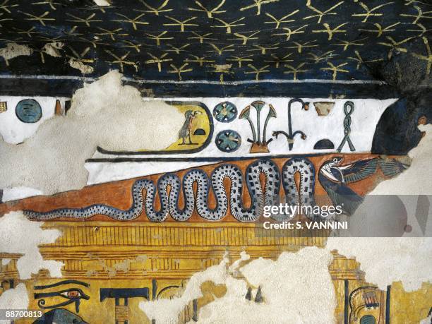 Egypt, Thebes - Luxor - Valley of the Queens. Tomb of Nefertari. Annex to burial chamber. Mural paintings. Uraeus serpent with wings spread