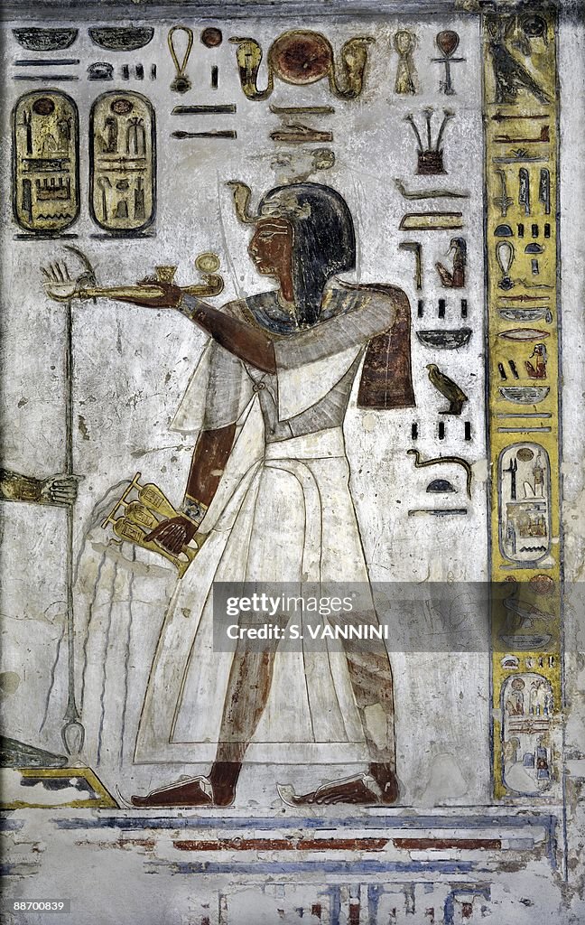 Egypt, Thebes, Luxor, Valley of the Kings, Tomb of Ramses III, mural painting of Pharaoh offering ritual vases, from twentieth dynasty