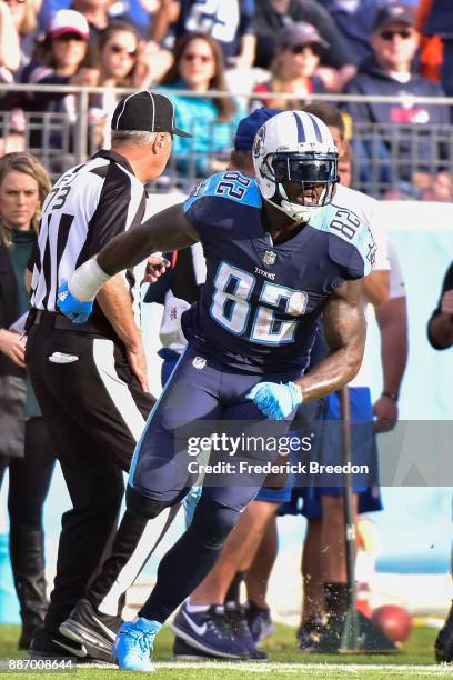 Delanie Walker of the Tennessee Titans plays against the Houston Texans at Nissan Stadium on December 3, 2017 in Nashville, Tennessee.